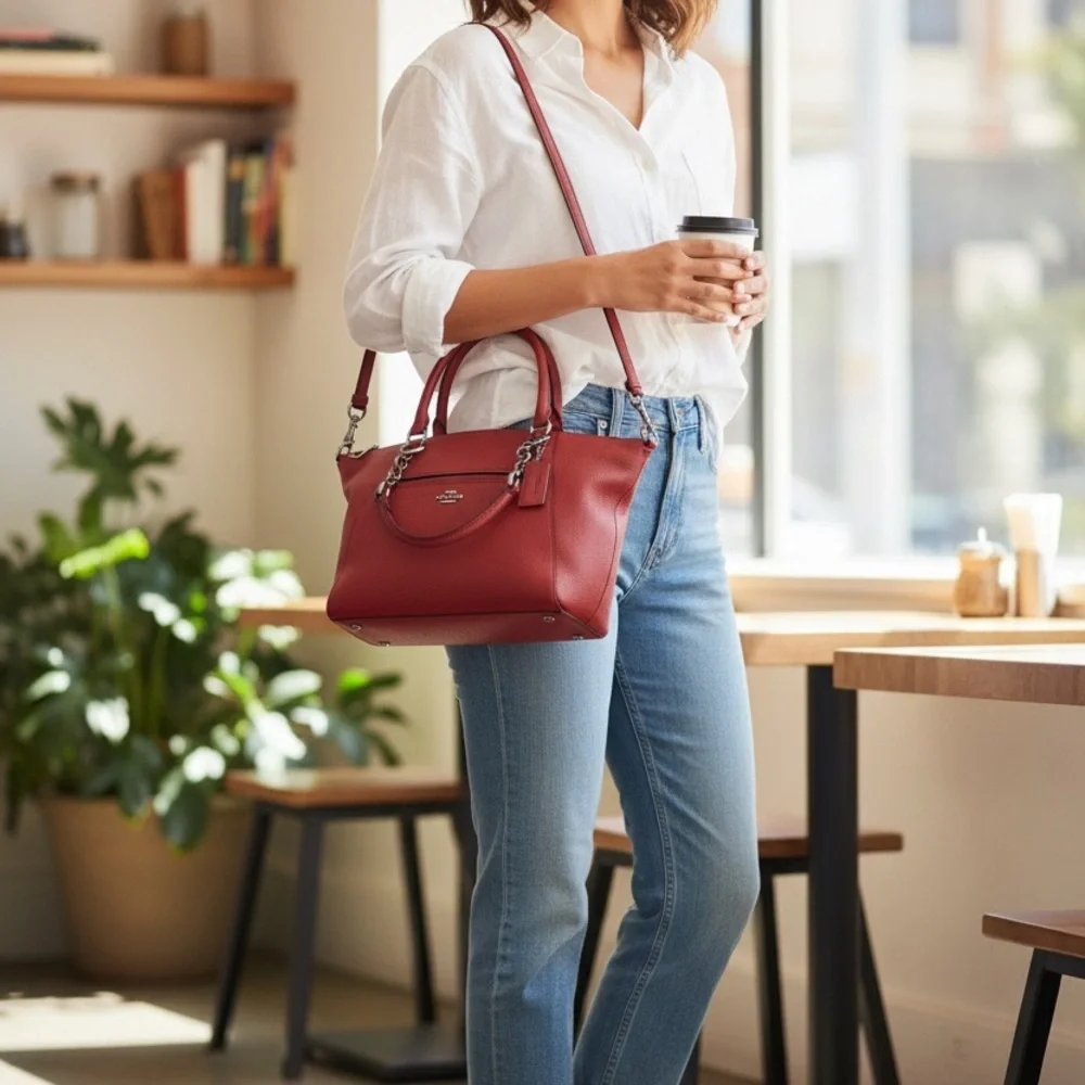 Coach Prairie Satchel Pebbled Leather Tote with Gun Metal Chain Handles